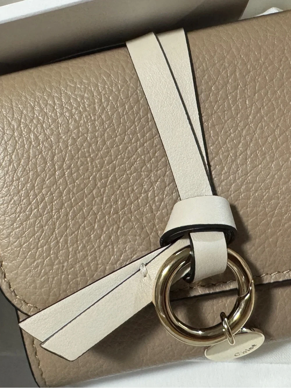 Chloé Taupe Leather Card Holder with Gold Ring Charm